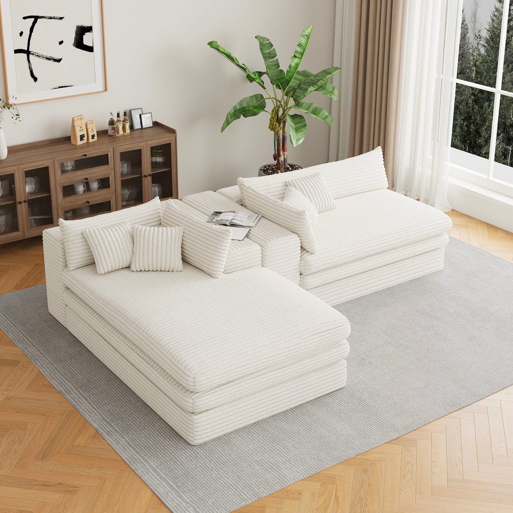 121" White Corduroy Sofa