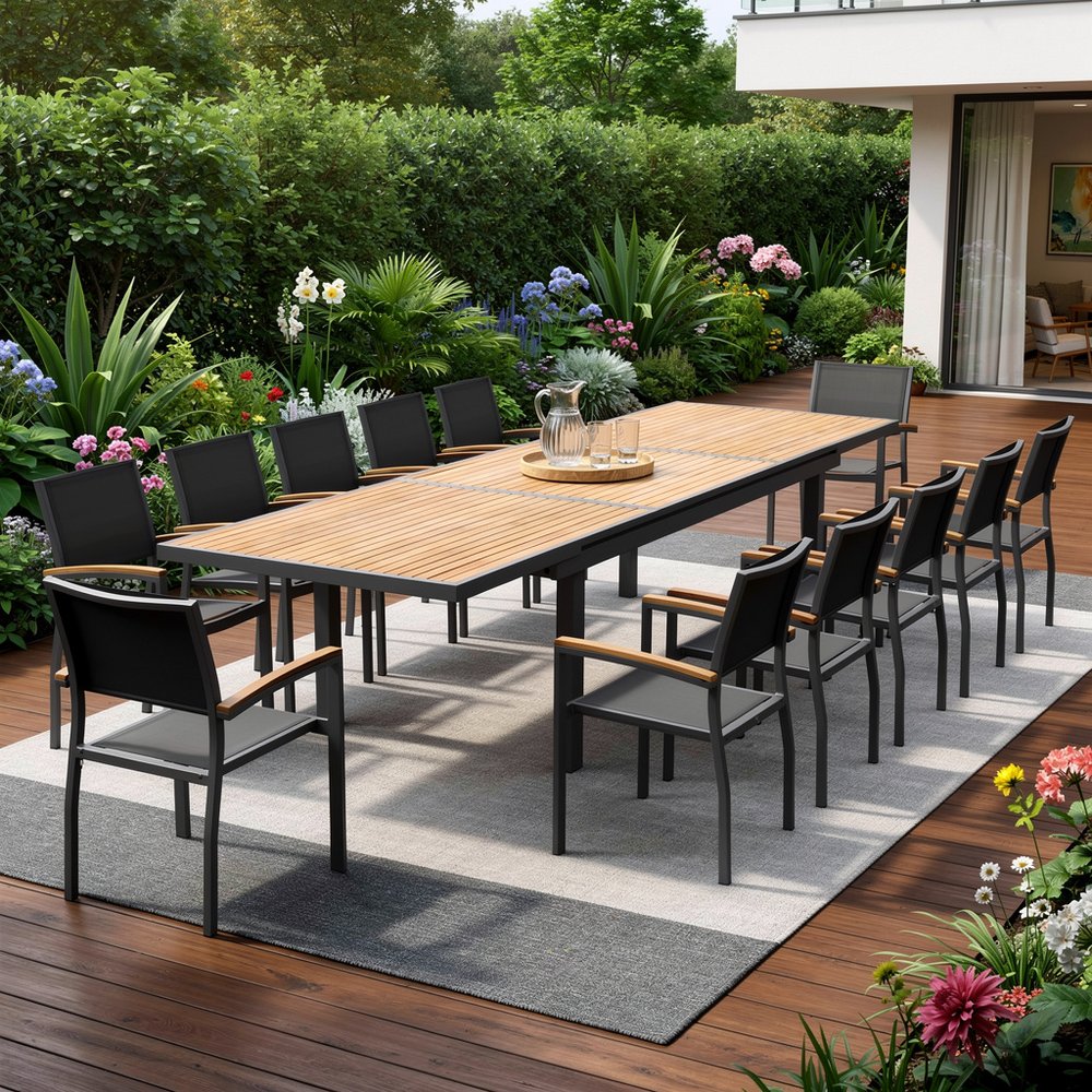13 Piece Brown Solid Wood Dining Set with Twelve Chairs