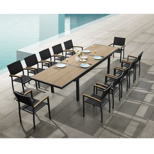 13 Piece Brown Solid Wood Dining Set with Twelve Chairs