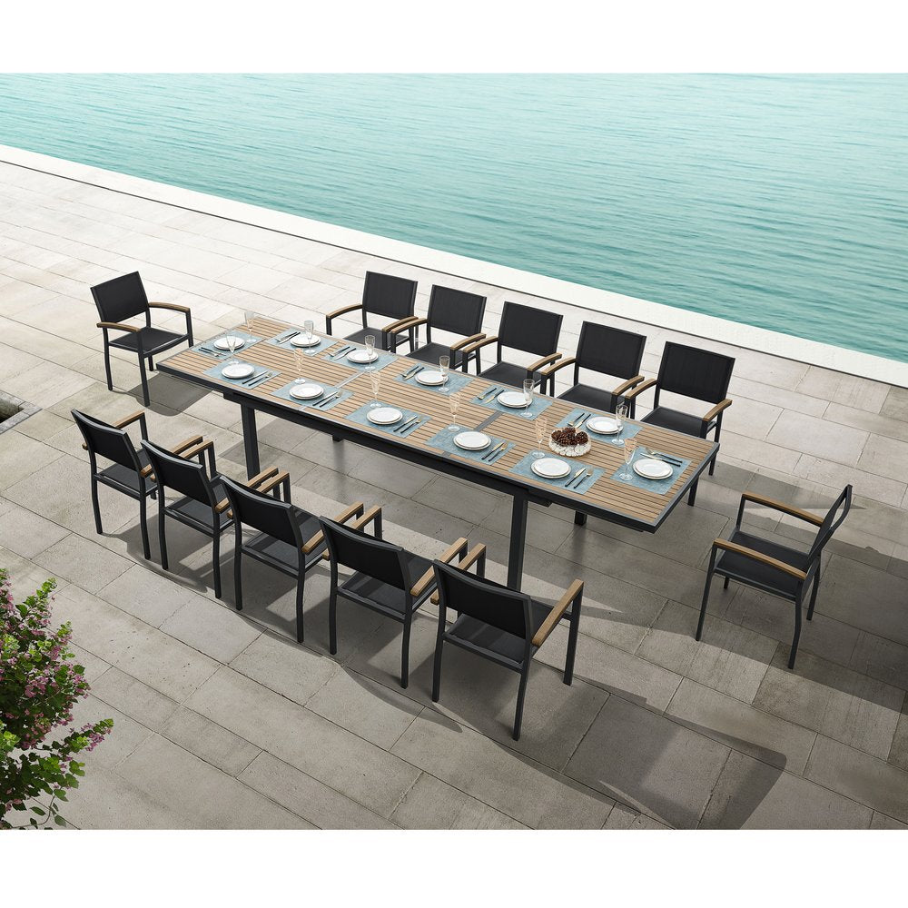 13 Piece Brown Solid Wood Dining Set with Twelve Chairs