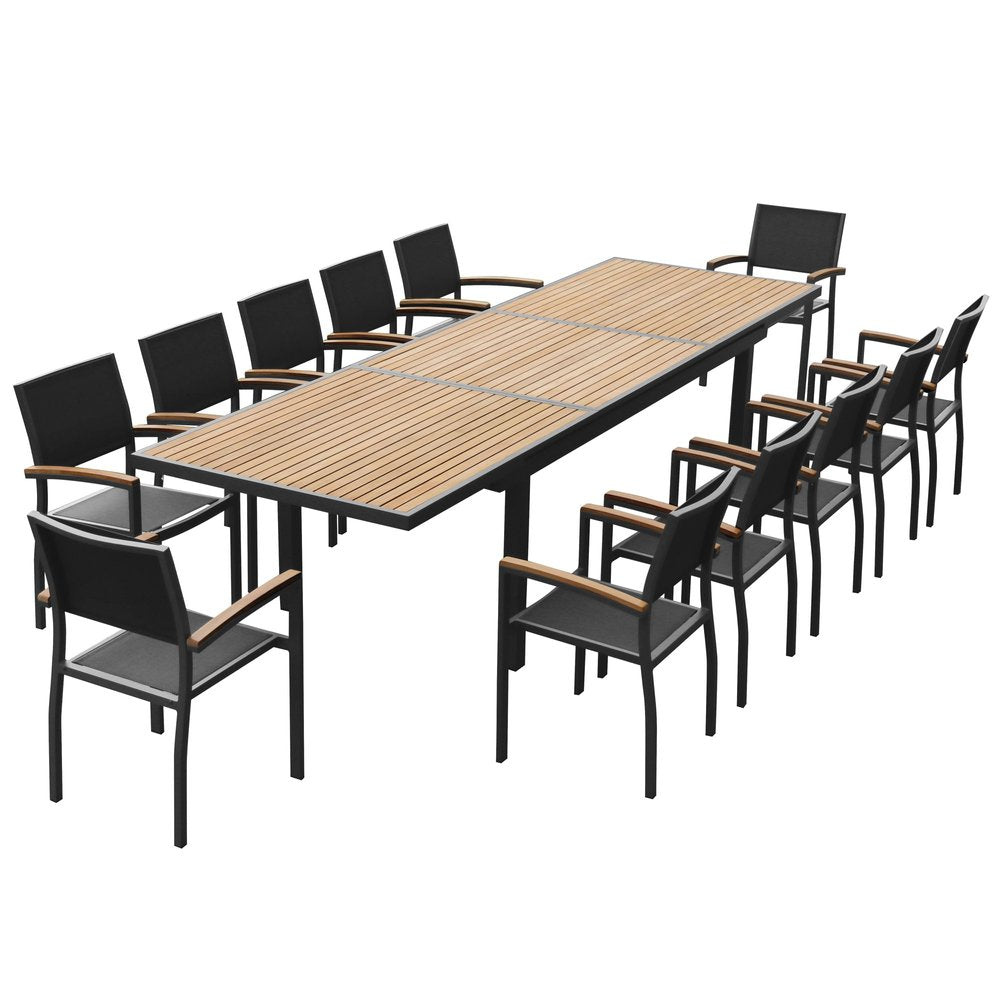 13 Piece Brown Solid Wood Dining Set with Twelve Chairs