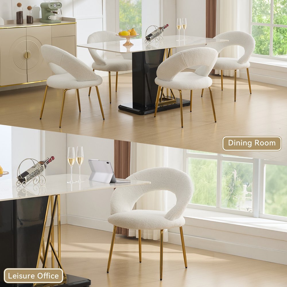 White and Gold Boucle and Metal Curved Back Dining Side Chair