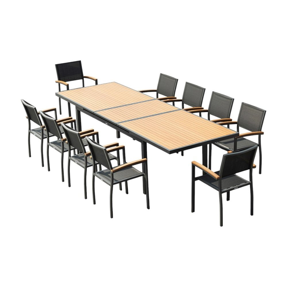 11 Piece Natural and Black Solid Wood Dining Set with Ten Chairs