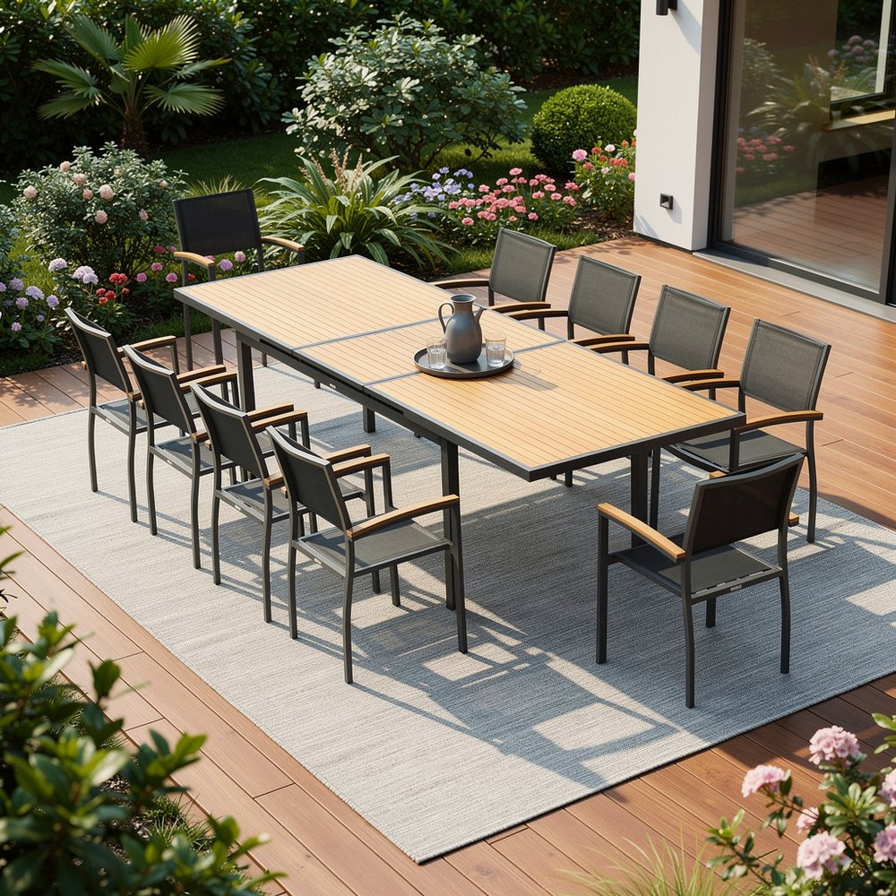 11 Piece Natural and Black Solid Wood Dining Set with Ten Chairs