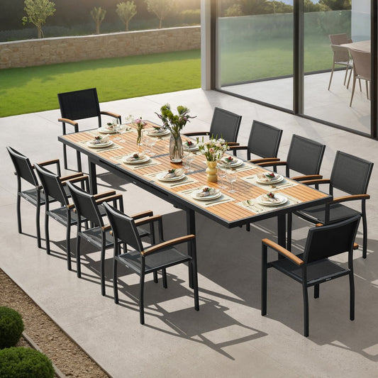 11 Piece Natural and Black Solid Wood Dining Set with Ten Chairs