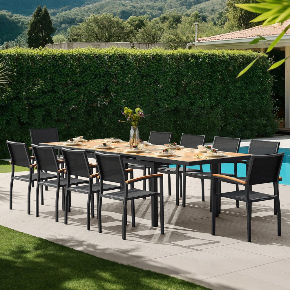 11 Piece Natural and Black Solid Wood Dining Set with Ten Chairs