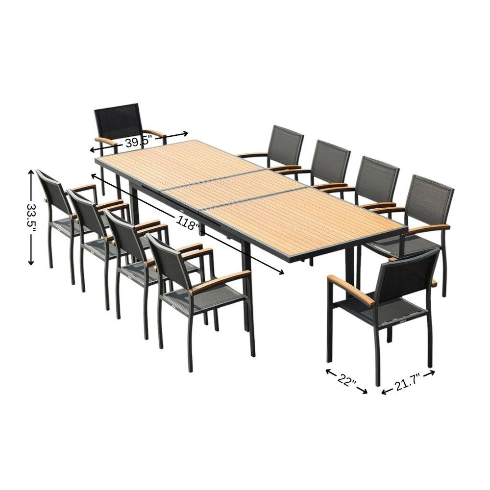 11 Piece Natural and Black Solid Wood Dining Set with Ten Chairs