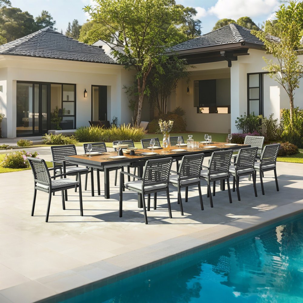 13 Piece Natural and Black Solid Wood Dining Set with Twelve Chairs