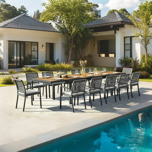 13 Piece Natural and Black Solid Wood Dining Set with Twelve Chairs