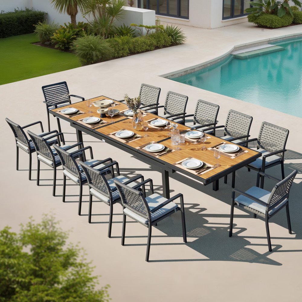 13 Piece Natural and Black Solid Wood Dining Set with Twelve Chairs