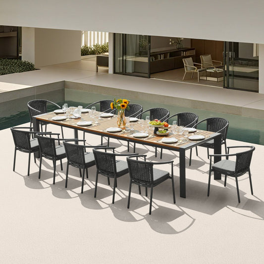 13 Piece Natural and Black Solid Wood Dining Set with Twelve Chairs