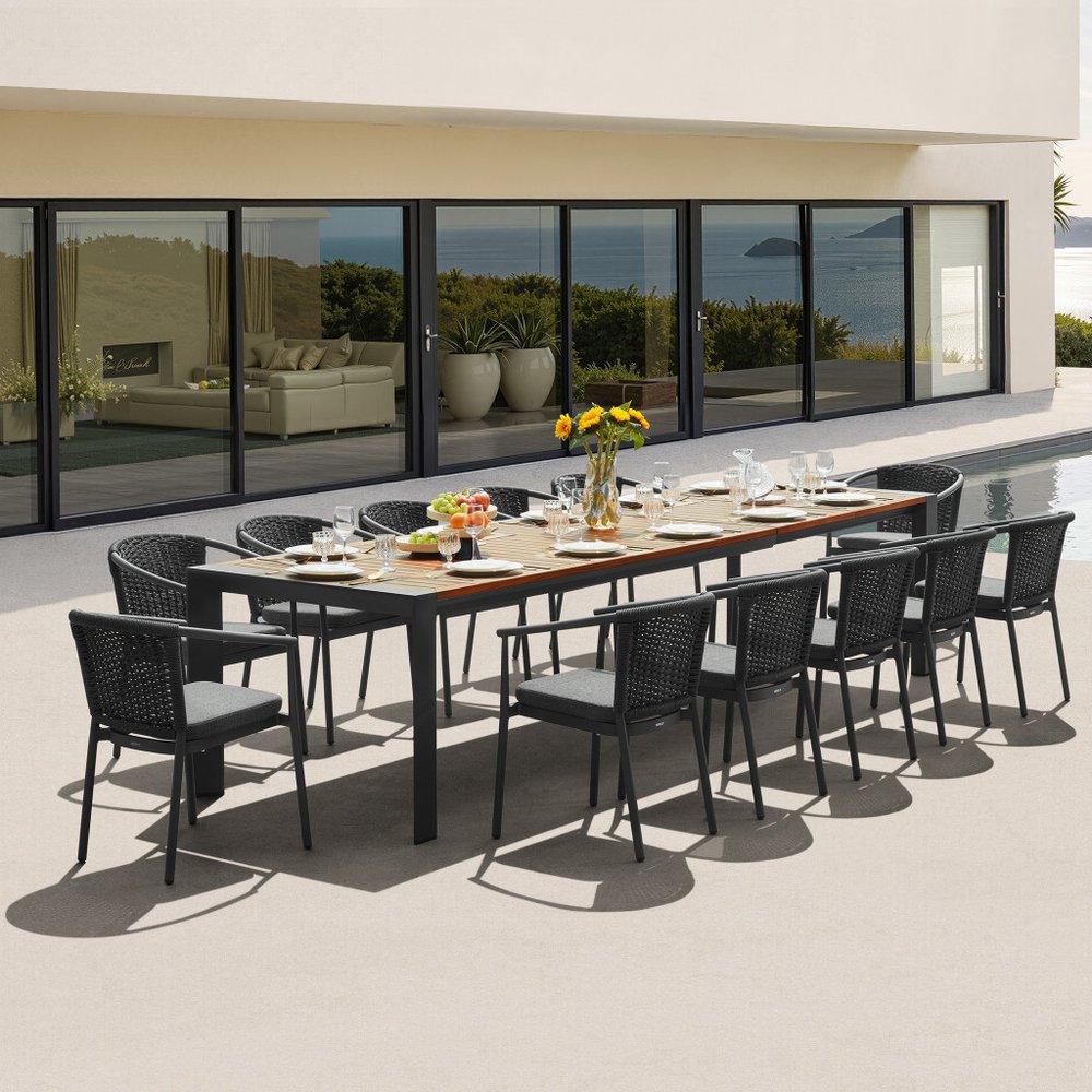 13 Piece Natural and Black Solid Wood Dining Set with Twelve Chairs