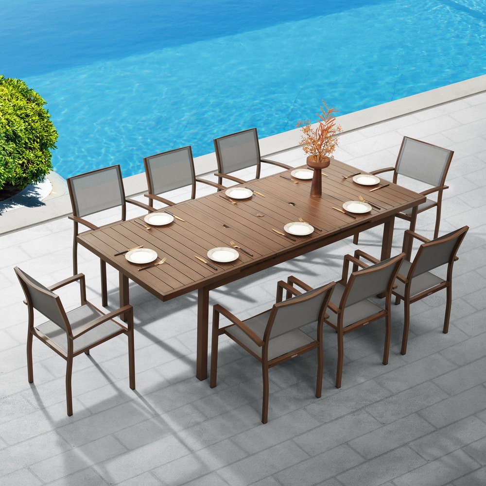 Nine Piece Brown Metal Dining Set with Eight Chairs