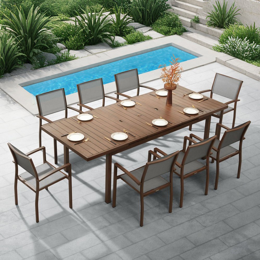 Nine Piece Brown Metal Dining Set with Eight Chairs