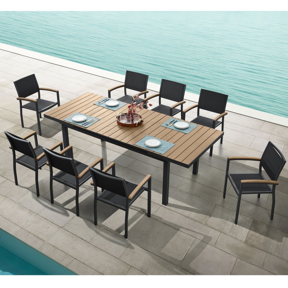 Nine Piece Natural and Black Heavy Duty Plastic Dining Set with Eight Chairs