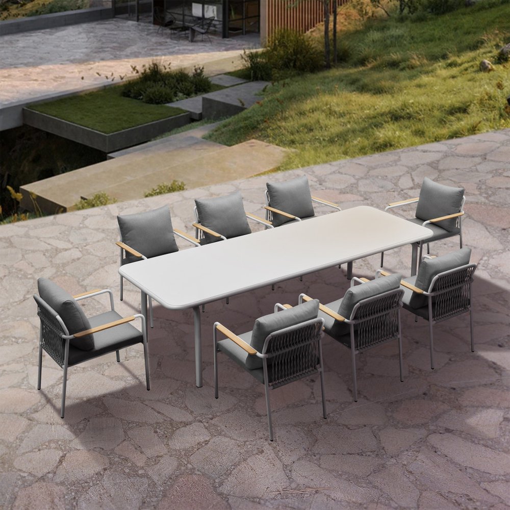 Nine Piece White Metal Dining Set with Eight Chairs