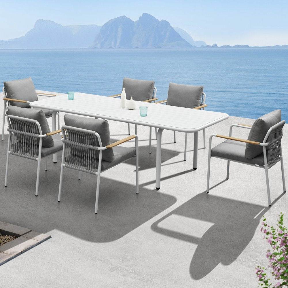 Nine Piece White Metal Dining Set with Eight Chairs