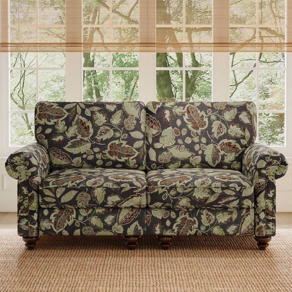 56" Sage Navy Blue And Brown Floral Loveseat