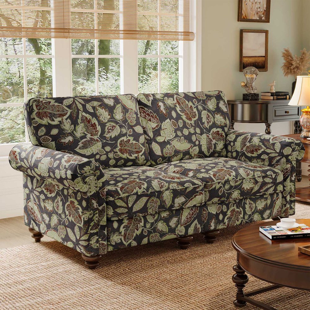 56" Sage Navy Blue And Brown Floral Loveseat