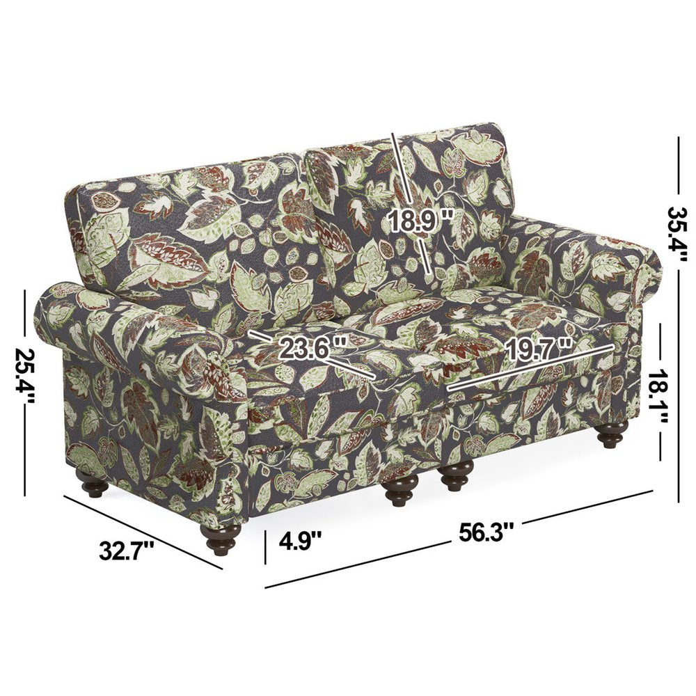 56" Sage Navy Blue And Brown Floral Loveseat