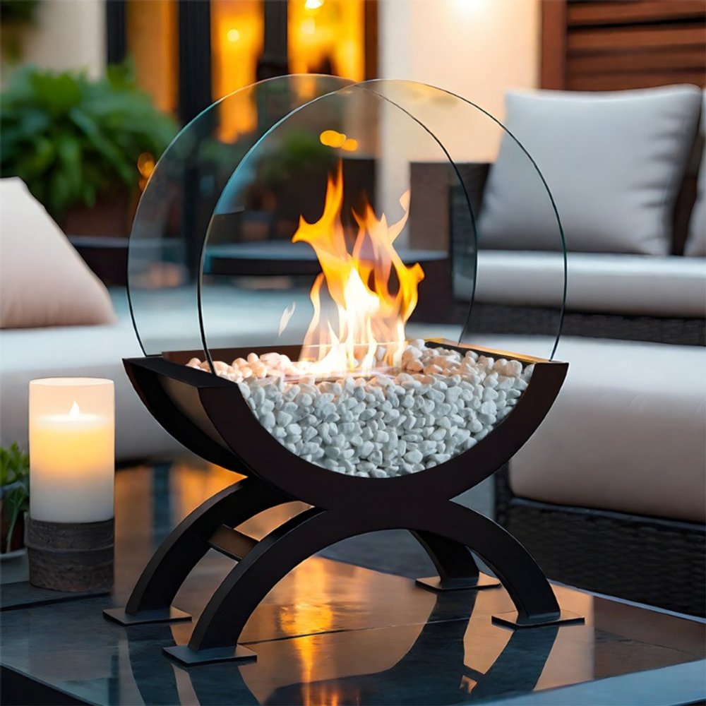 15" Black And Clear Metal And Glass BioEthanol Portable Tabletop Firepit