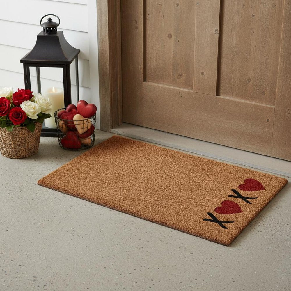 36" X 72" Brown Black And Red Valentine's Day Heart XOXO Outdoor Coir Door Mat
