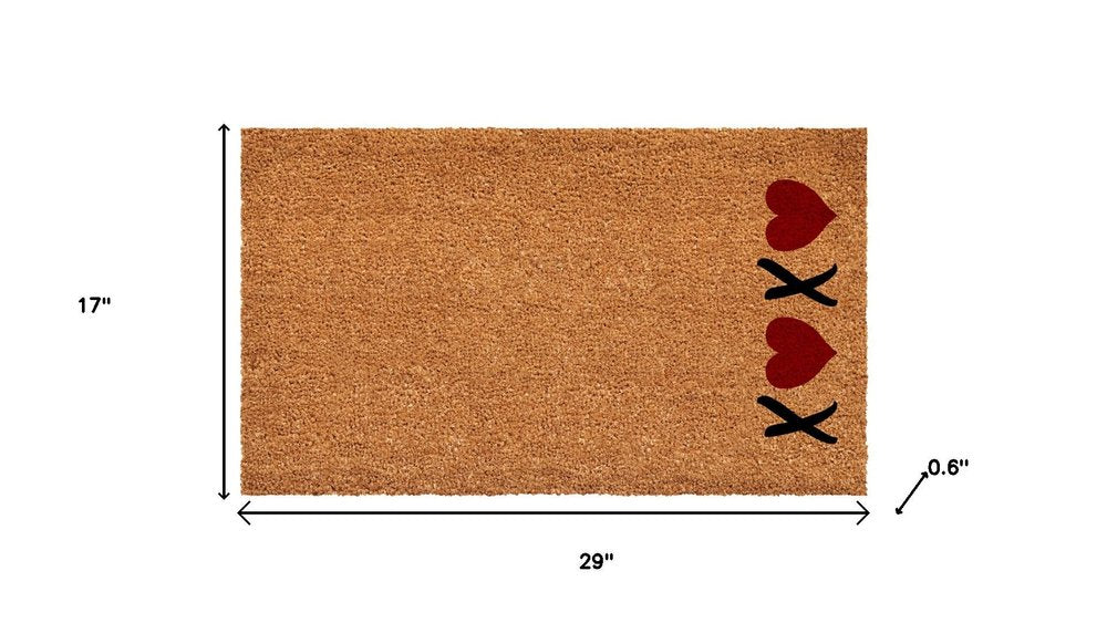 36" X 72" Brown Black And Red Valentine's Day Heart XOXO Outdoor Coir Door Mat
