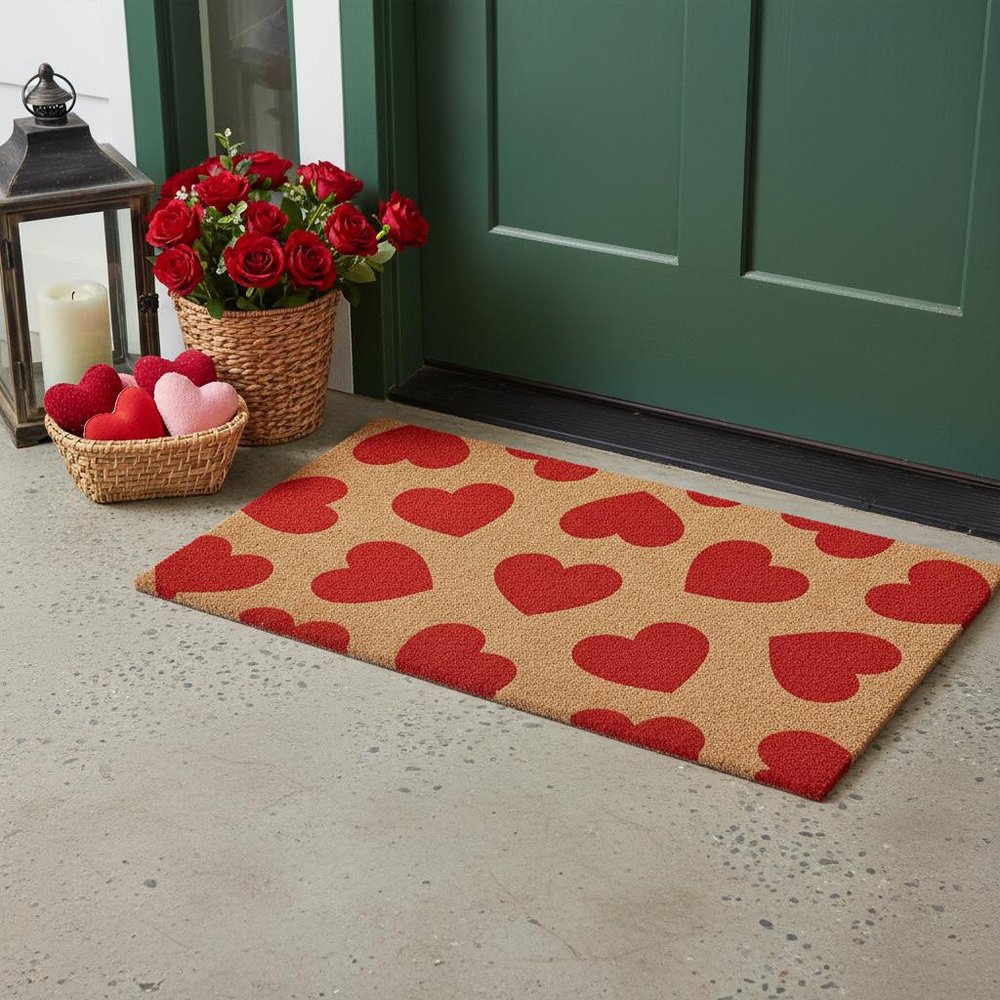 17" X 29" Brown And Red Hearts Outdoor Coir Door Mat