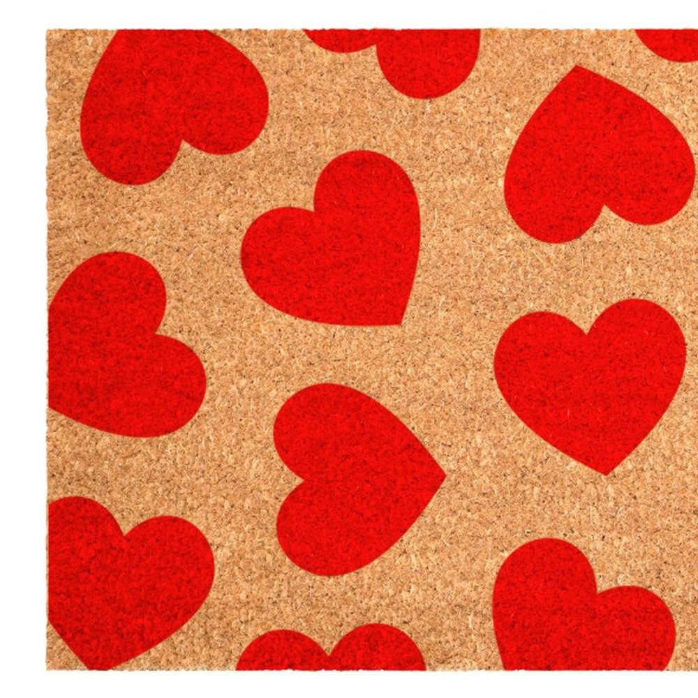 17" X 29" Brown And Red Hearts Outdoor Coir Door Mat