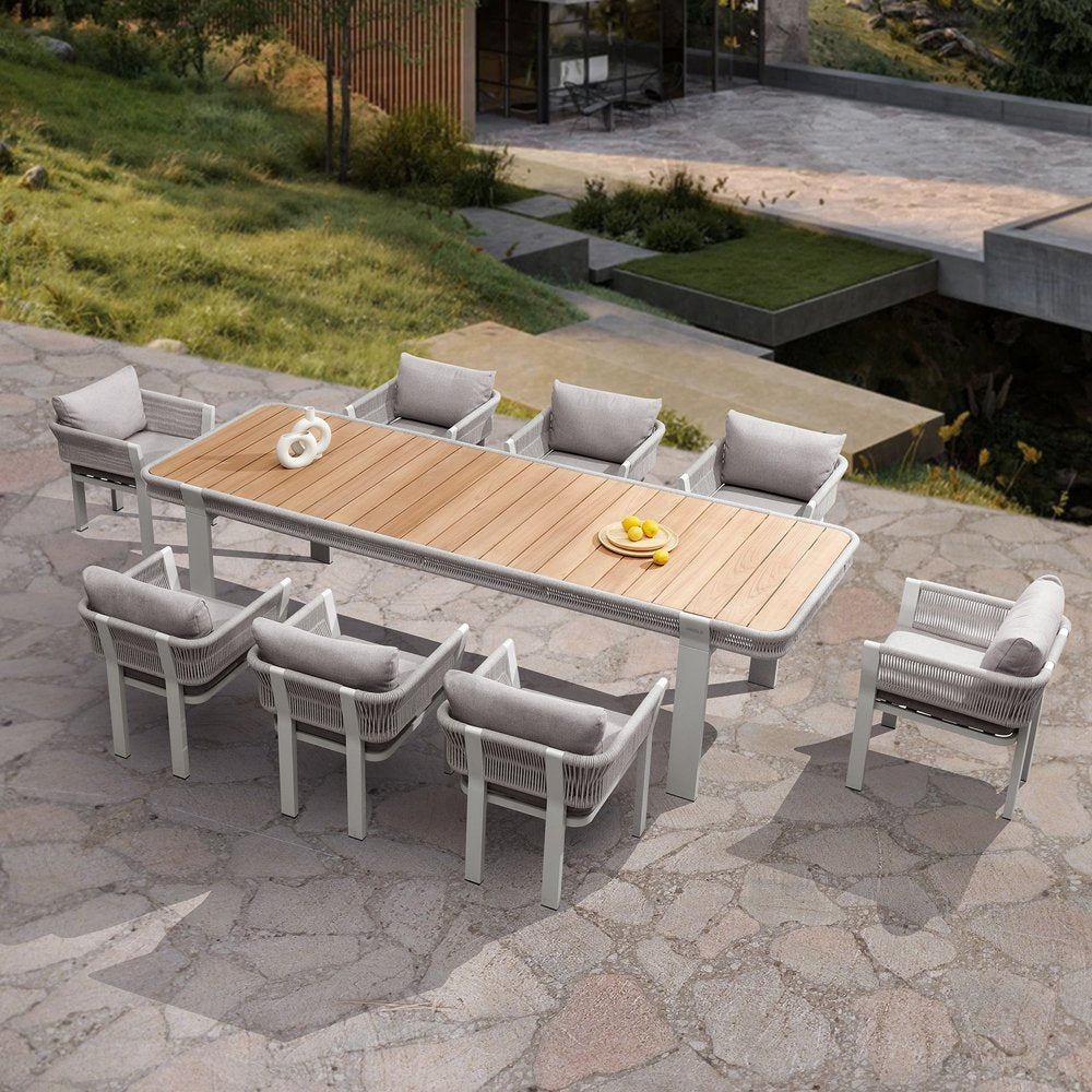 Nine Piece Natural and White Solid Wood Dining Set with Eight Chairs