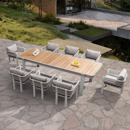 Nine Piece Natural and White Solid Wood Dining Set with Eight Chairs