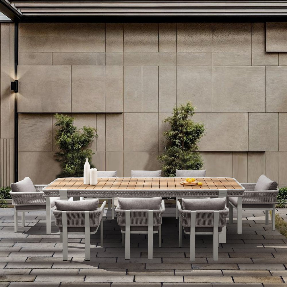 Nine Piece Natural and White Solid Wood Dining Set with Eight Chairs