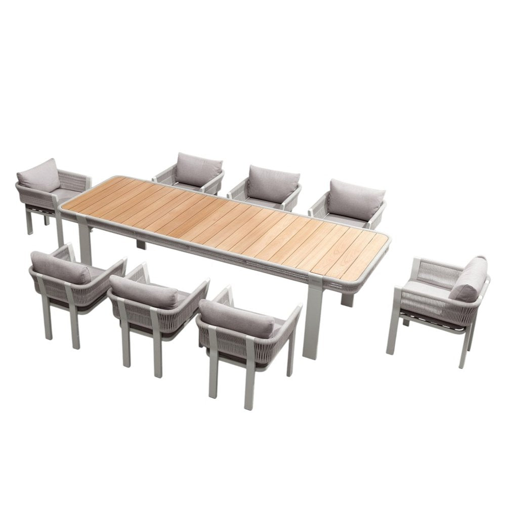 Nine Piece Natural and White Solid Wood Dining Set with Eight Chairs