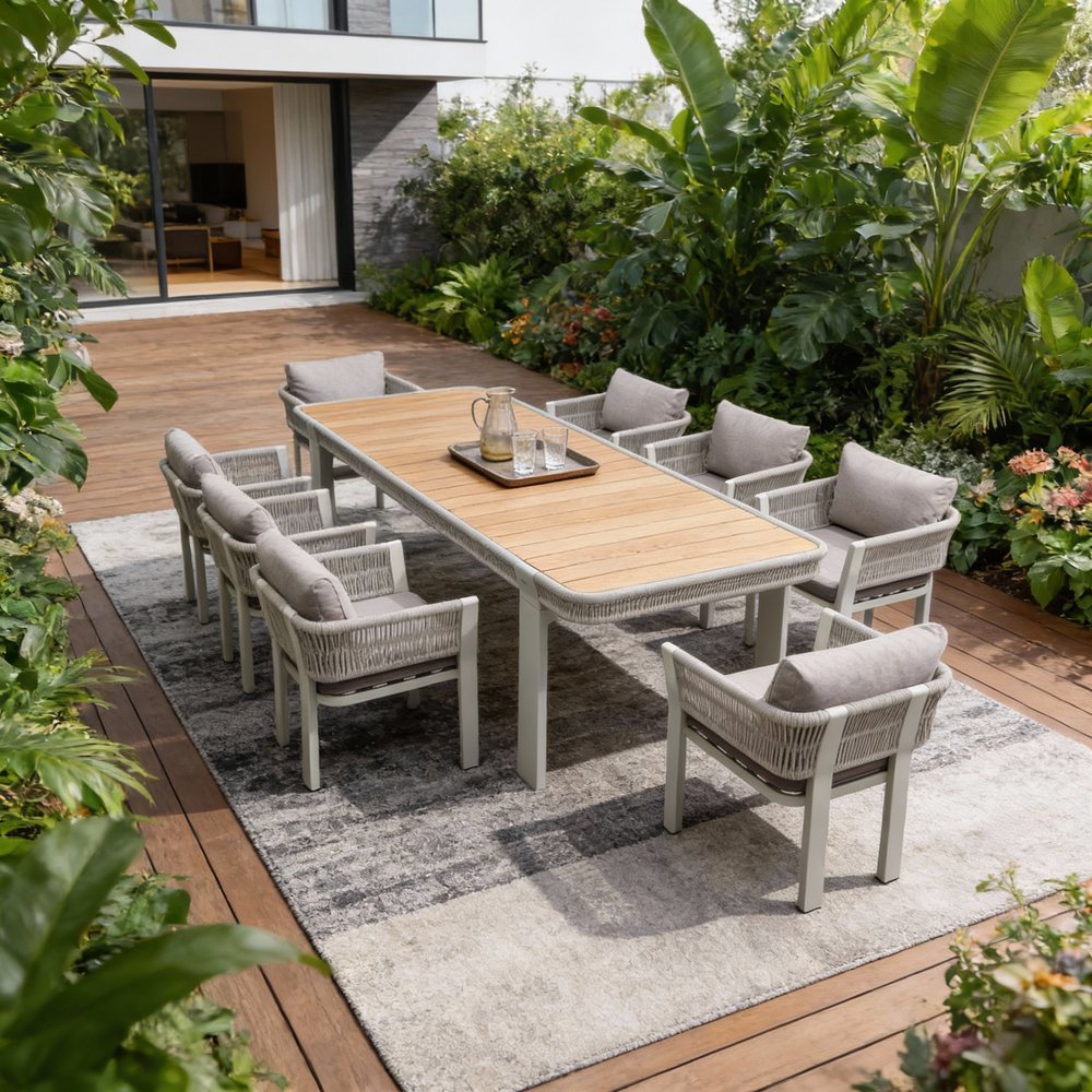 Nine Piece Natural and White Solid Wood Dining Set with Eight Chairs