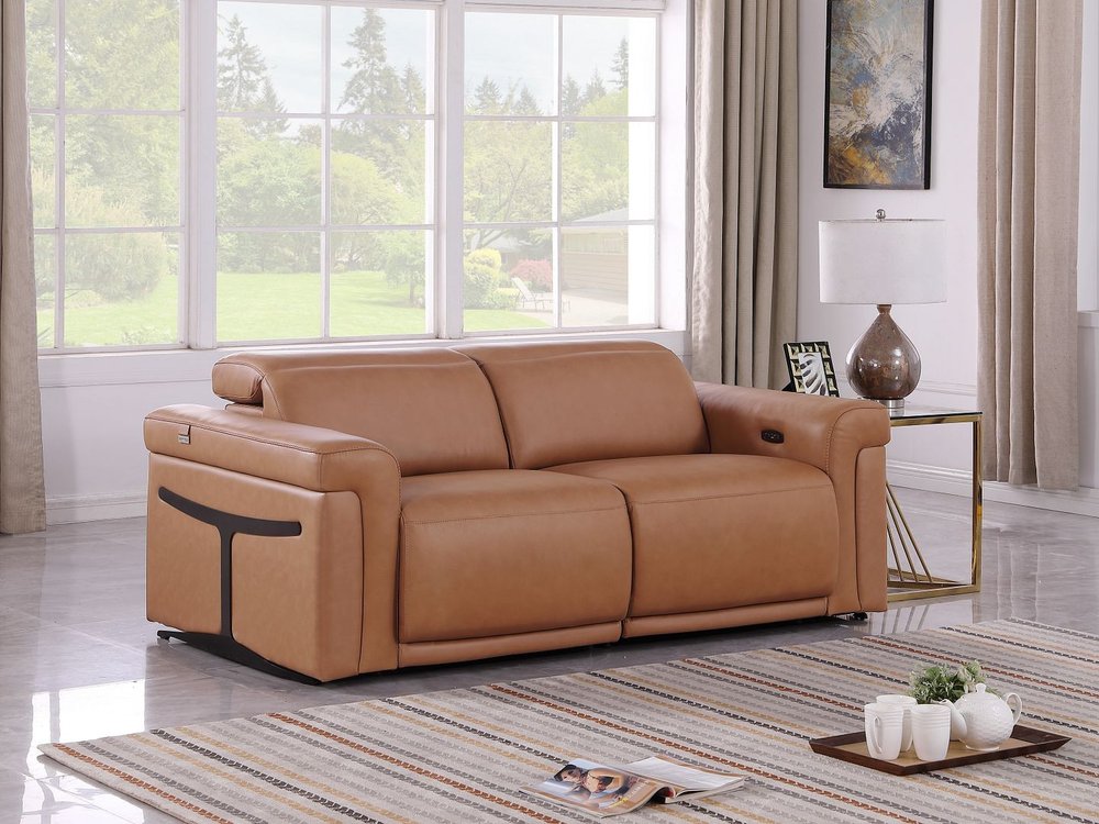 73" Chestnut and Black Italian Leather Power Reclining Loveseat