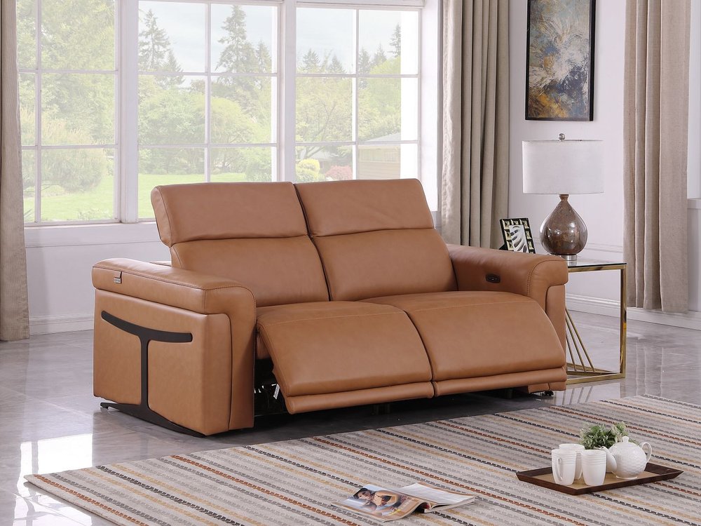 73" Chestnut and Black Italian Leather Power Reclining Loveseat