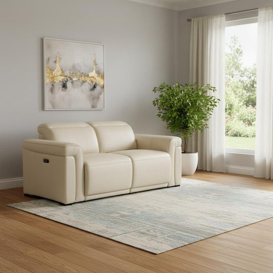 65" Cream and Black Italian Leather Power Reclining Loveseat