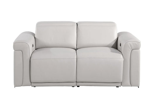 65" Light Gray and Black Italian Leather Power Reclining Loveseat