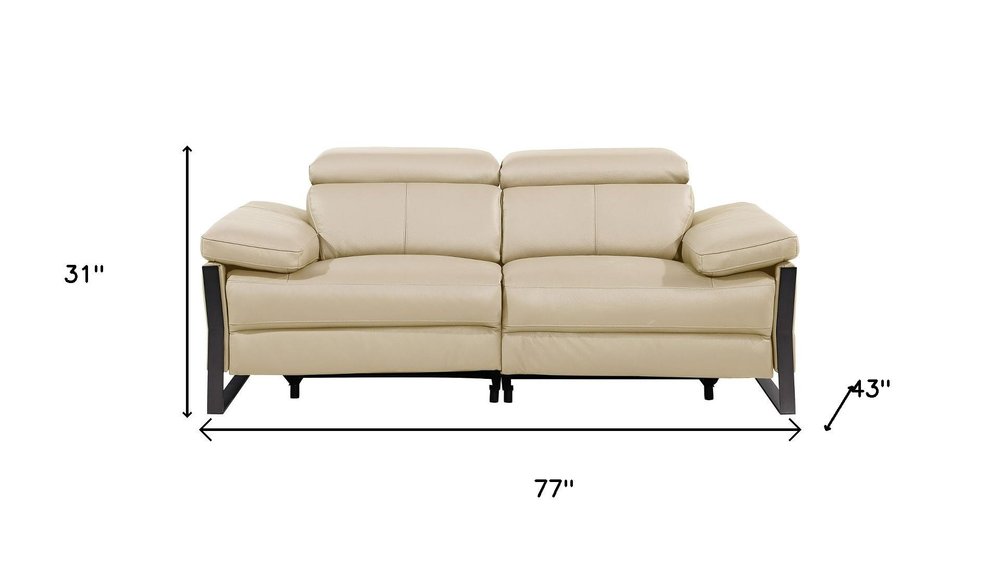 77" Cream and Black Italian Leather Power Reclining Loveseat