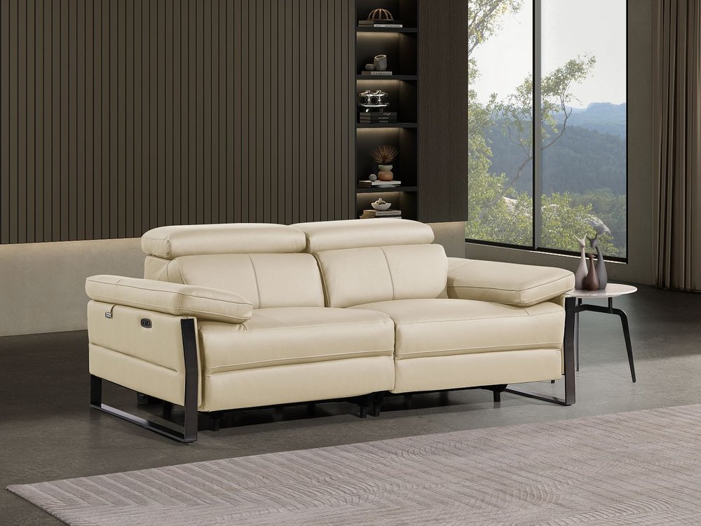 77" Cream and Black Italian Leather Power Reclining Loveseat