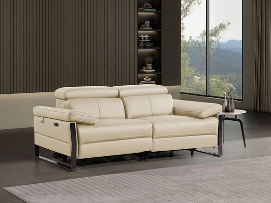 77" Cream and Black Italian Leather Power Reclining Loveseat