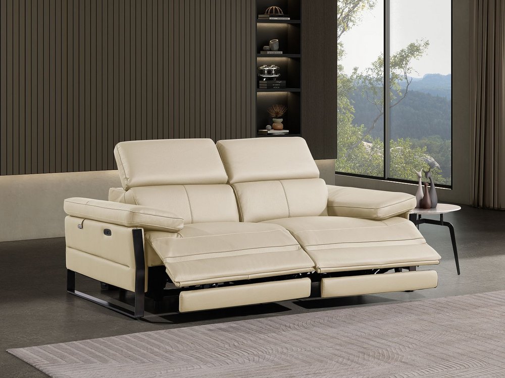 77" Cream and Black Italian Leather Power Reclining Loveseat