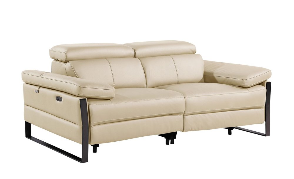 77" Cream and Black Italian Leather Power Reclining Loveseat