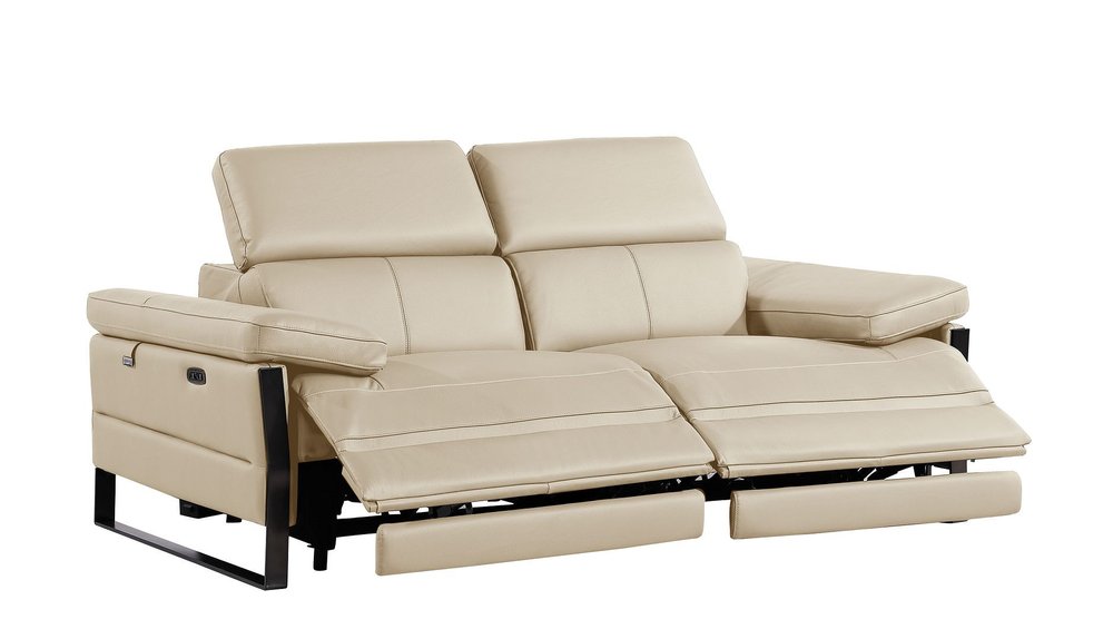 77" Cream and Black Italian Leather Power Reclining Loveseat