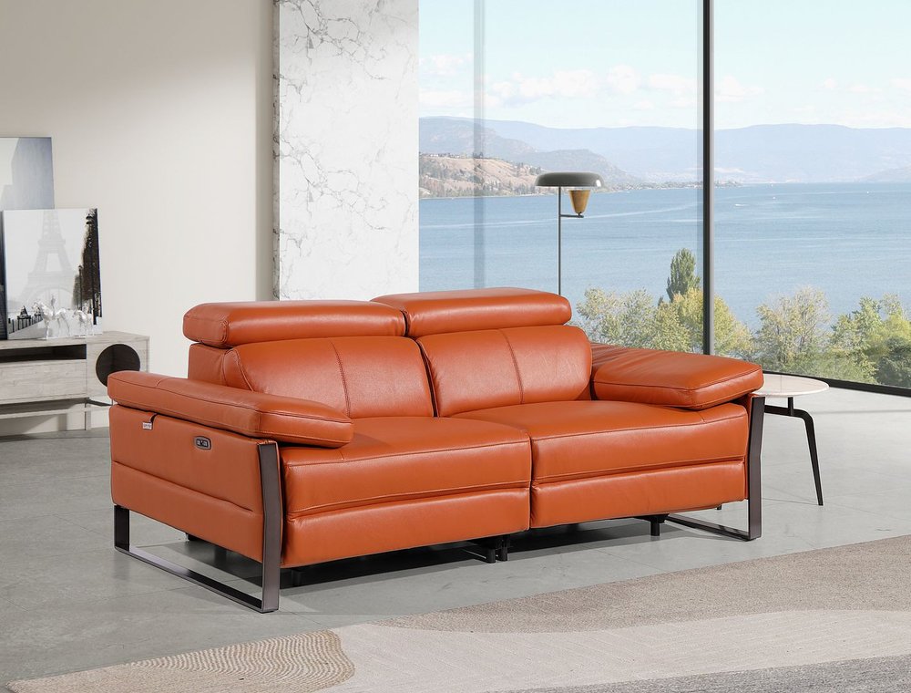 77" Orange and Black Italian Leather Power Reclining Loveseat