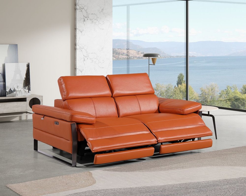 77" Orange and Black Italian Leather Power Reclining Loveseat