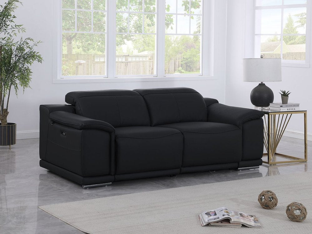 76" Black and Silver Italian Leather Power Reclining Loveseat