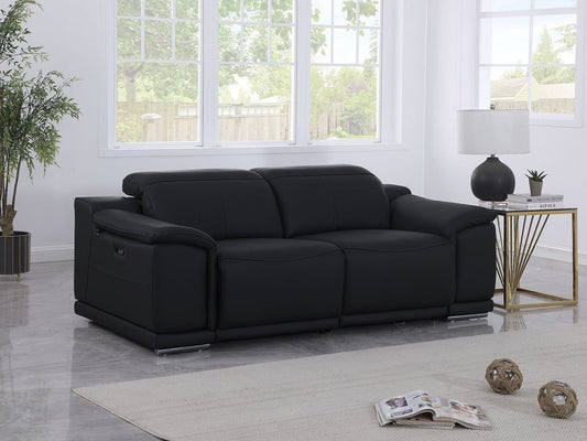 76" Black and Silver Italian Leather Power Reclining Loveseat