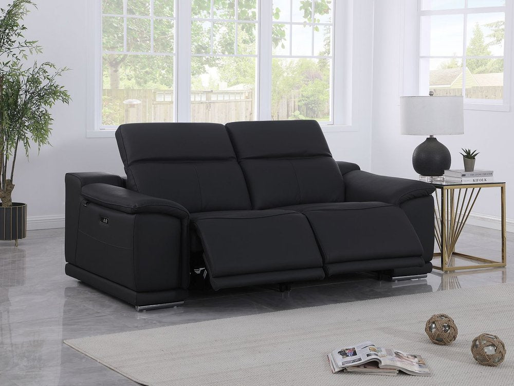 76" Black and Silver Italian Leather Power Reclining Loveseat