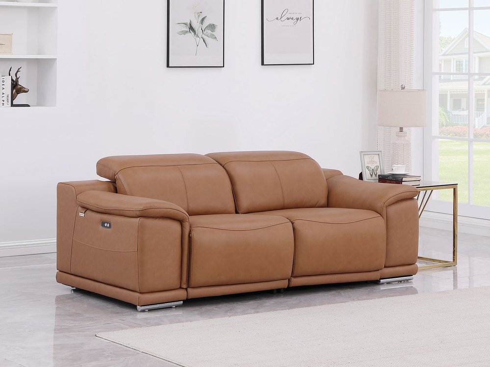 76" Chestnut and Silver Italian Leather Power Reclining Loveseat